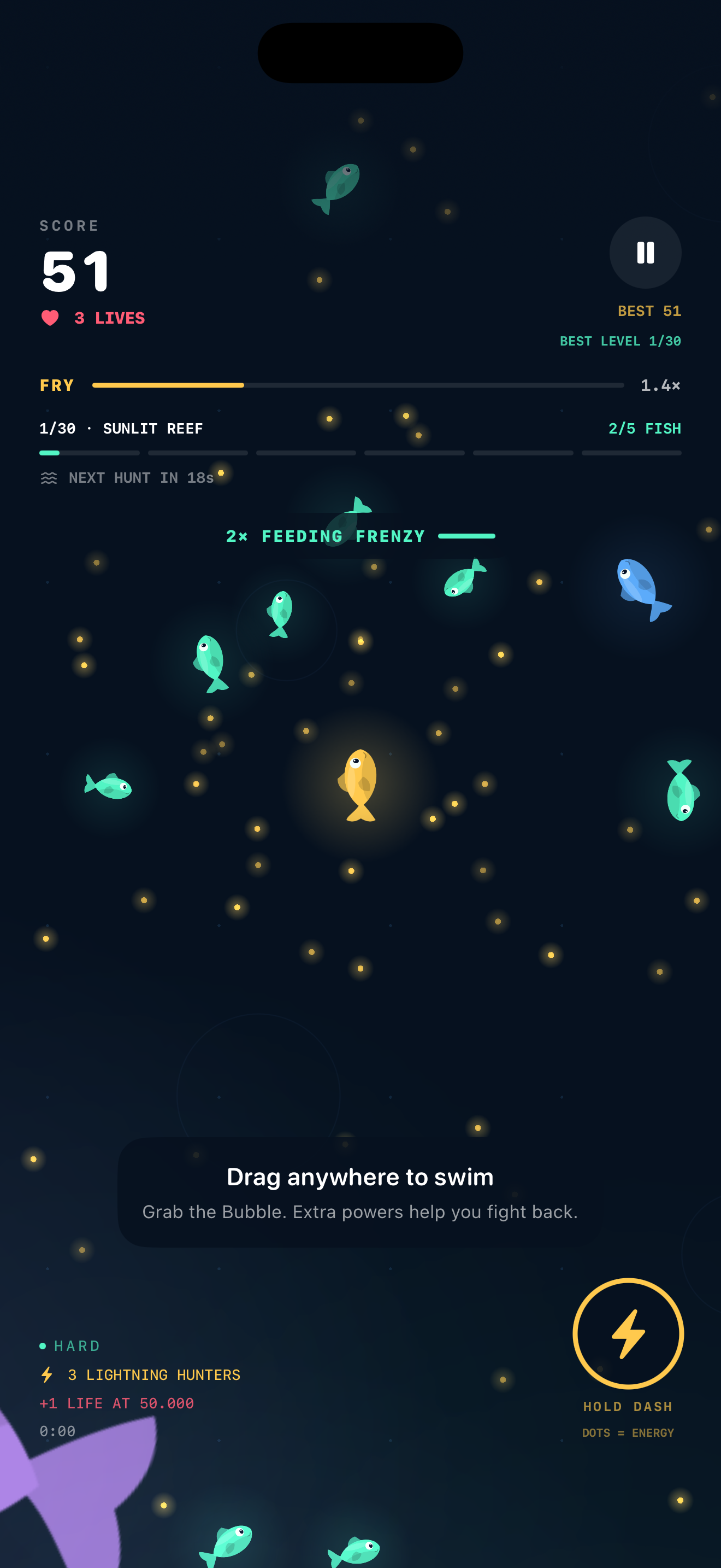 A golden player fish swimming among smaller mint fish in Gulp's dark ocean