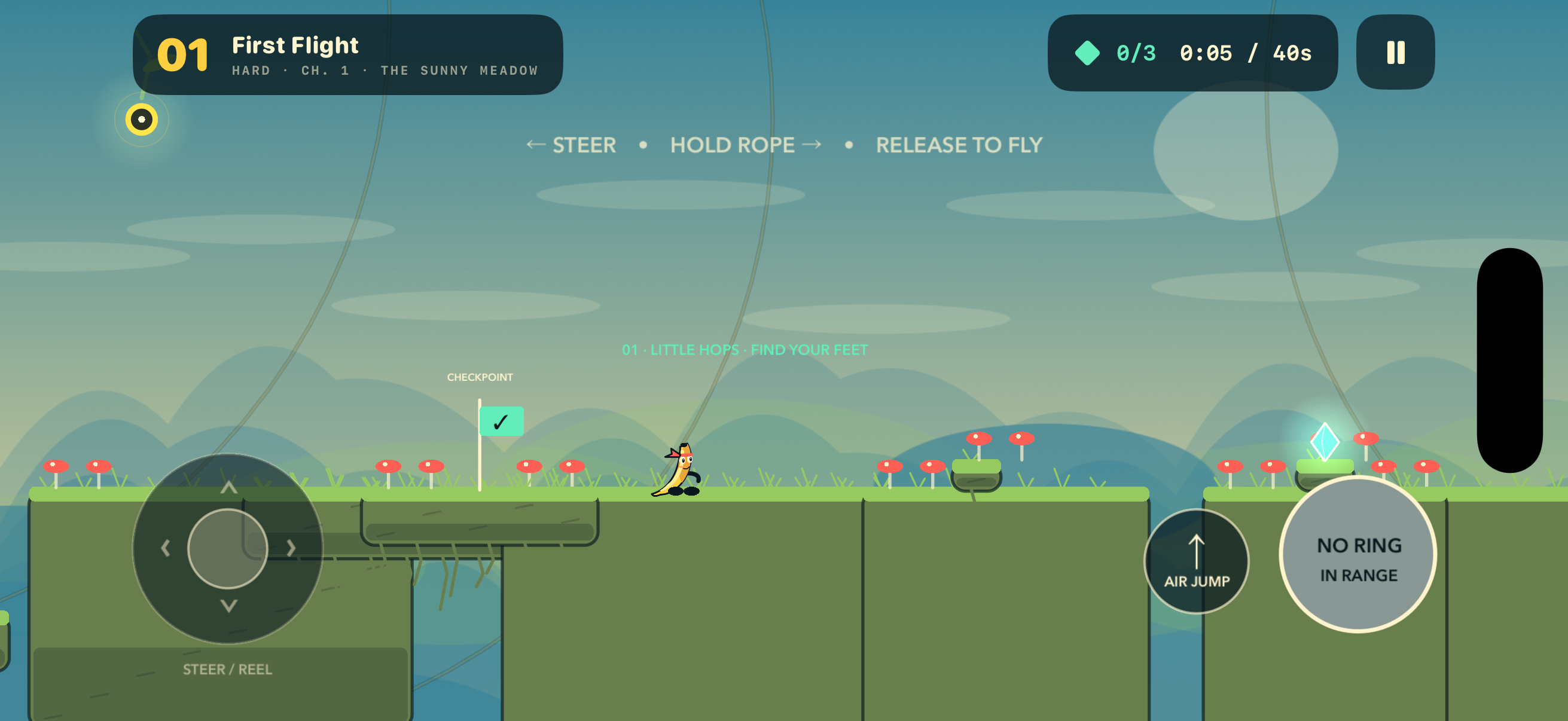 Peel the banana adventurer crossing grassy platforms beneath rope anchors in the Sunny Meadow